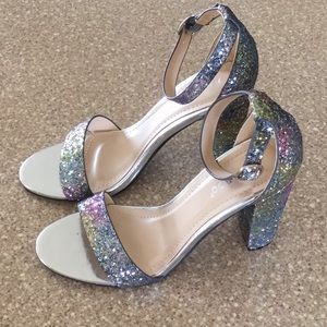 NWOT Rainbow silver glitter block heels!